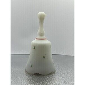 Fenton Christmas Bell Music Box Hand Painted Signed White Satin Tree Design xmas